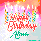 Bright birthday candles with rainbow flames on a cake, alongside the text 'Happy Birthday Akua' in vibrant script in this celebratory animated GIF.