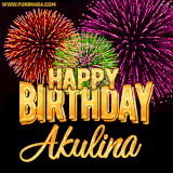 A golden 'Happy Birthday Akulina' message with vibrant fireworks in the background, creating a festive and celebratory vibe in this animated name GIF.