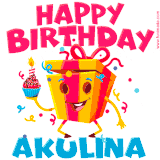 A vibrant and funny gift box character with a happy face dancing with a cupcake and the text 'Happy Birthday Akulina,' surrounded by animated confetti and party vibes.