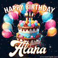 Hand-drawn happy birthday cake adorned with an arch of colorful balloons - name GIF for Alana