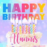 A vibrant animated name GIF with the words 'Happy Birthday Alannis' with colorful candles on a creamy cake. The background sparkles with pastel shades, adding a festive touch.