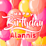 A vibrant name GIF featuring colorful balloons in shades of pink, orange, and yellow with the bold text 'Happy Birthday Alannis' in festive fonts, creating a lively birthday vibe.