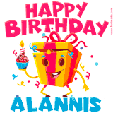 A vibrant and funny gift box character with a happy face dancing with a cupcake and the text 'Happy Birthday Alannis,' surrounded by animated confetti and party vibes.