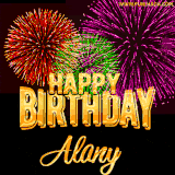 A golden 'Happy Birthday Alany' message with vibrant fireworks in the background, creating a festive and celebratory vibe in this animated name GIF.