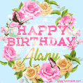 A charming animated GIF featuring 'Happy Birthday Alany' in pink and green text, surrounded by delicate roses, leaves, and fluttering butterflies on a soft light blue pastel background.