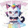 Cute cosmic cat with a birthday cake for Alaya surrounded by a shimmering array of rainbow stars