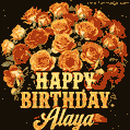 Beautiful bouquet of orange and red roses for Alaya, golden inscription and twinkling stars