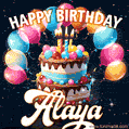 Hand-drawn happy birthday cake adorned with an arch of colorful balloons - name GIF for Alaya