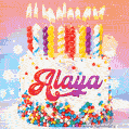 Personalized for Alaya elegant birthday cake adorned with rainbow sprinkles, colorful candles and glitter