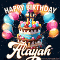 Hand-drawn happy birthday cake adorned with an arch of colorful balloons - name GIF for Alayah