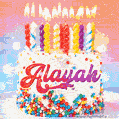 Personalized for Alayah elegant birthday cake adorned with rainbow sprinkles, colorful candles and glitter