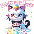 Cute cosmic cat with a birthday cake for Alayna surrounded by a shimmering array of rainbow stars