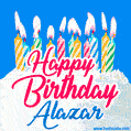 Happy Birthday GIF for Alazar with Birthday Cake and Lit Candles