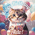 Happy birthday gif for Aldo with cat and cake