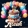Hand-drawn happy birthday cake adorned with an arch of colorful balloons - name GIF for Aleah
