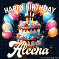 Hand-drawn happy birthday cake adorned with an arch of colorful balloons - name GIF for Aleena