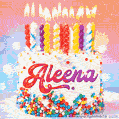 Personalized for Aleena elegant birthday cake adorned with rainbow sprinkles, colorful candles and glitter