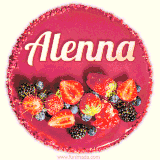 Beautifully decorated red velvet berry birthday cake with vibrant fruits and a glowing 'Alenna' name, adding a touch of sweetness and sparkle.