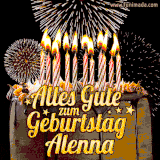 A chocolate birthday cake with glowing candles, the German text 'Alles Gute zum Geburtstag Alenna,' and vibrant fireworks lighting up the background in an animated GIF.