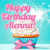 A festive cupcake with pink icing, a gingham bow, and a lit animated sparkler, paired with 'Happy Birthday Alenna!' in bright pink text.