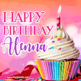 A vibrant birthday GIF featuring a rainbow-colored cupcake topped with white frosting, sprinkles, and a lit candle. The text reads 'Happy Birthday Alenna' in bold pink and violet letters with white outline.