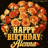 Animated bouquet of orange roses with moving butterfles and golden 'Happy Birthday Alenna' text, surrounded by sparkling accents and a dark backdrop for a luxurious feel.