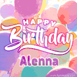 A vibrant name GIF featuring colorful balloons in shades of pink, orange, and yellow with the bold text 'Happy Birthday Alenna' in festive fonts, creating a lively birthday vibe.