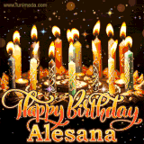 A glowing personalized birthday GIF with name Alesana featuring lit candles with intricate designs, warm lighting, and the text 'Happy Birthday' in an elegant font.