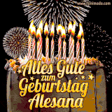 A chocolate birthday cake with glowing candles, the German text 'Alles Gute zum Geburtstag Alesana,' and vibrant fireworks lighting up the background in an animated GIF.