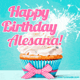 A festive cupcake with pink icing, a gingham bow, and a lit animated sparkler, paired with 'Happy Birthday Alesana!' in bright pink text.