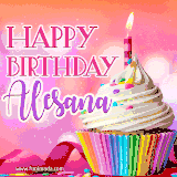A vibrant birthday GIF featuring a rainbow-colored cupcake topped with white frosting, sprinkles, and a lit candle. The text reads 'Happy Birthday Alesana' in bold pink and violet letters with white outline.