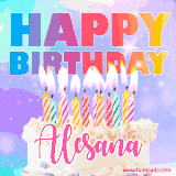 A vibrant animated name GIF with the words 'Happy Birthday Alesana' with colorful candles on a creamy cake. The background sparkles with pastel shades, adding a festive touch.
