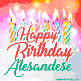 Bright birthday candles with rainbow flames on a cake, alongside the text 'Happy Birthday Alesandese' in vibrant script in this celebratory animated GIF.