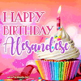 A vibrant birthday GIF featuring a rainbow-colored cupcake topped with white frosting, sprinkles, and a lit candle. The text reads 'Happy Birthday Alesandese' in bold pink and violet letters with white outline.