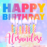 A vibrant animated name GIF with the words 'Happy Birthday Alesandese' with colorful candles on a creamy cake. The background sparkles with pastel shades, adding a festive touch.