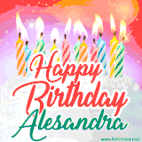 Bright birthday candles with rainbow flames on a cake, alongside the text 'Happy Birthday Alesandra' in vibrant script in this celebratory animated GIF.