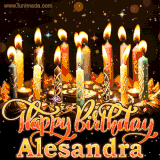 A glowing personalized birthday GIF with name Alesandra featuring lit candles with intricate designs, warm lighting, and the text 'Happy Birthday' in an elegant font.