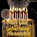A chocolate birthday cake with glowing candles, the German text 'Alles Gute zum Geburtstag Alesandra,' and vibrant fireworks lighting up the background in an animated GIF.