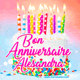 A white birthday cake covered in colorful sprinkles, topped with bright candles, and French text 'Bon Anniversaire Alesandra' on a pastel gradient background in an animated GIF.