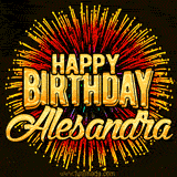 Golden 'Happy Birthday Alesandra' text accompanied by animated rainbow fireworks for a festive animated greeting.