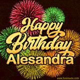 Golden text reading 'Happy Birthday Alesandra' surrounded by vibrant fireworks in red, green, and yellow, set against a dark background in this celebratory birthday GIF.