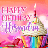 A vibrant birthday GIF featuring a rainbow-colored cupcake topped with white frosting, sprinkles, and a lit candle. The text reads 'Happy Birthday Alesandra' in bold pink and violet letters with white outline.