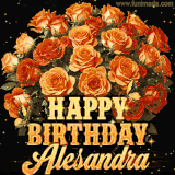 Animated bouquet of orange roses with moving butterfles and golden 'Happy Birthday Alesandra' text, surrounded by sparkling accents and a dark backdrop for a luxurious feel.
