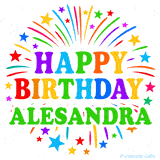 Happy Birthday Alesandra' GIF with rainbow-colored letters, colorful stars, and fireworks on white background.