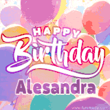 A vibrant name GIF featuring colorful balloons in shades of pink, orange, and yellow with the bold text 'Happy Birthday Alesandra' in festive fonts, creating a lively birthday vibe.