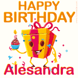 A vibrant and funny gift box character with a happy face dancing with a cupcake and the text 'Happy Birthday Alesandra,' surrounded by animated confetti and party vibes.