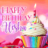 A vibrant birthday GIF featuring a rainbow-colored cupcake topped with white frosting, sprinkles, and a lit candle. The text reads 'Happy Birthday Alesha' in bold pink and violet letters with white outline.