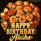 Animated bouquet of orange roses with moving butterfles and golden 'Happy Birthday Alesha' text, surrounded by sparkling accents and a dark backdrop for a luxurious feel.