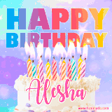 A vibrant animated name GIF with the words 'Happy Birthday Alesha' with colorful candles on a creamy cake. The background sparkles with pastel shades, adding a festive touch.