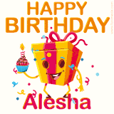 A vibrant and funny gift box character with a happy face dancing with a cupcake and the text 'Happy Birthday Alesha,' surrounded by animated confetti and party vibes.
